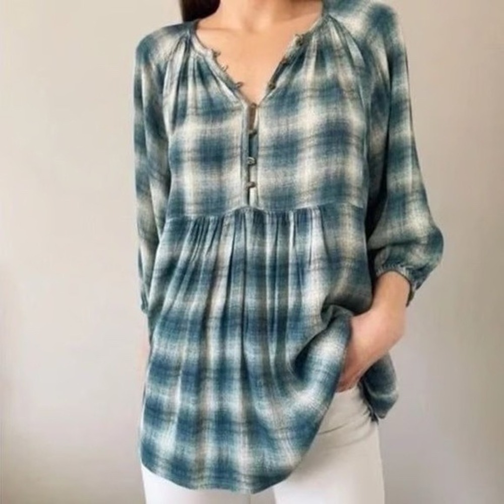 Maeve Anthropologie Cavalon Plaid‎ Popover Shirt Button Up Blouse Blue Yellow XS